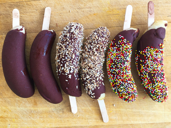 Breakfast ideas  –  peanut-butter coated frozen banana with sprinkles